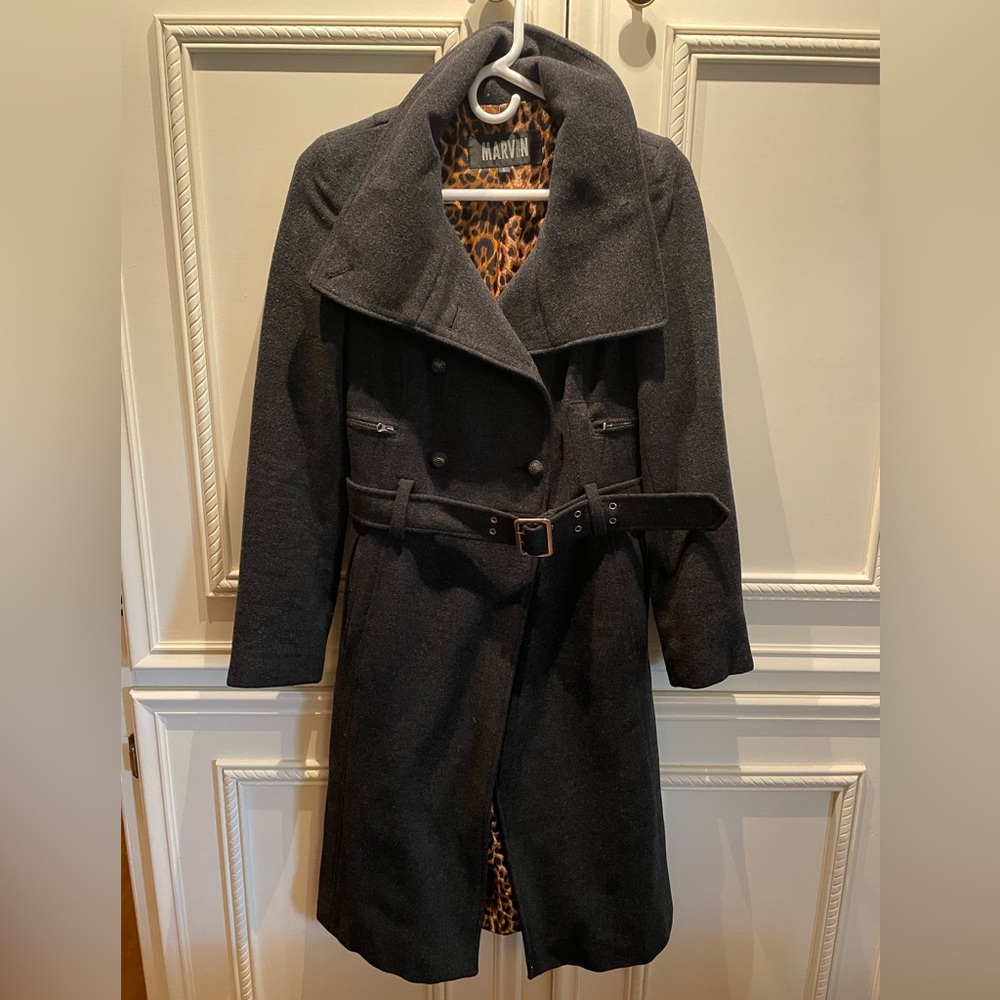 Stunning and sophisticated designer wool cashmere blend coat in deep gray color